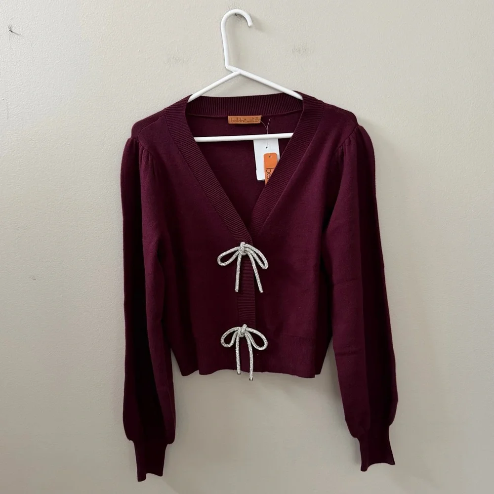 Belldini Balloon Sleeve Burgundy Cardigan Sweater with Rhinestone Bows, Sz M